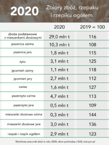 Tabela przedstawiająca wyniki zbiorów zbóż w roku 2020 i porównanie z rokiem 2019